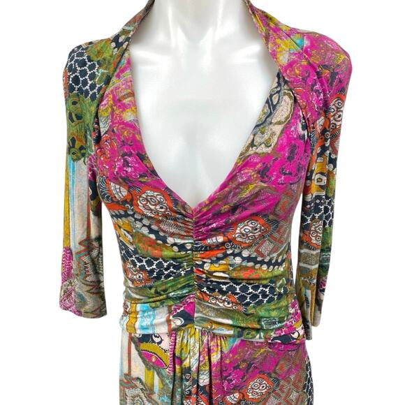 Etro Multicolor Abstract Half Sleeve Ruched Deep V-Neck Sheath Midi Dress Sz 12 - Picture 3 of 4